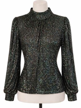 Metallic Glitter Cable & Gauge High-Neck Long-Sleeve Women's Top XS